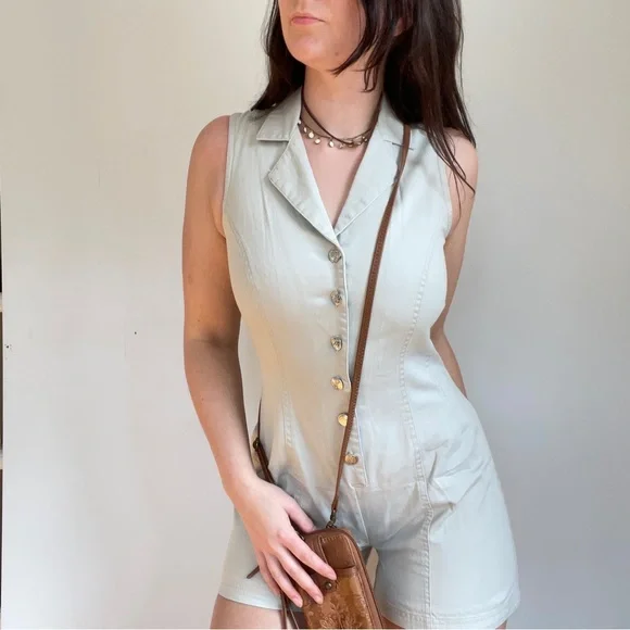 Vintage A BYER Khaki Button Up Romper - Picture 3 of 4